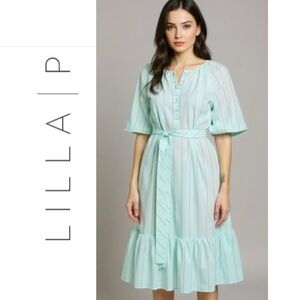 Lilla P Easy Elbow Sleeve Maxi Dress Flowy Blue Stripe Puff Sleeve Size Small